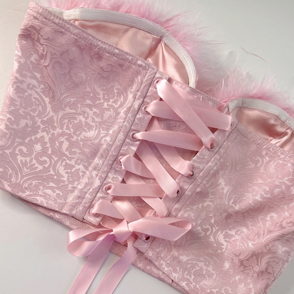Sugar Thrillz Pink Fur Lace up Corset & Skirt Set NWT